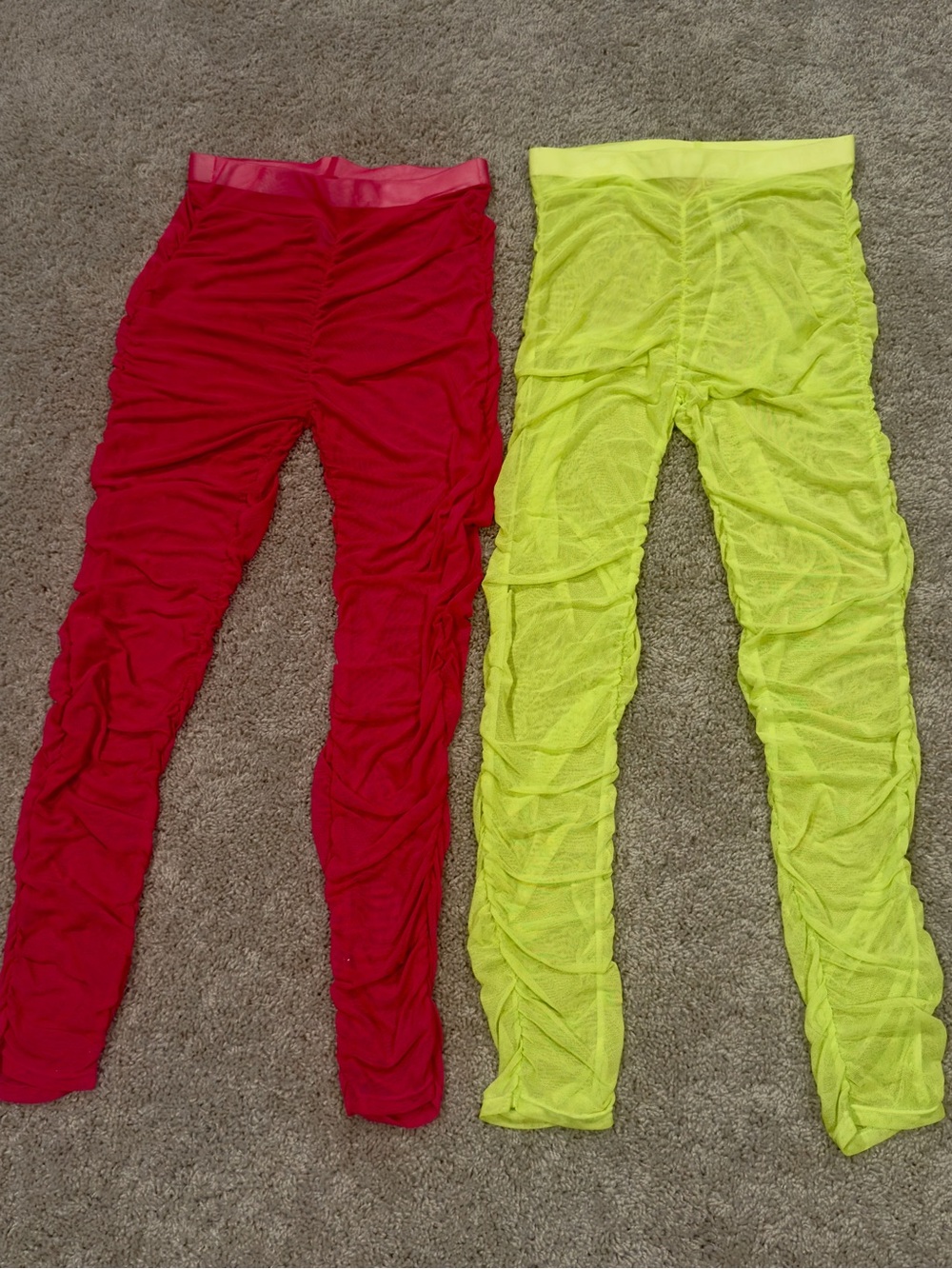 Fashion Nova Womens Mesh Ruched Leggings - Red and Neon Yellow